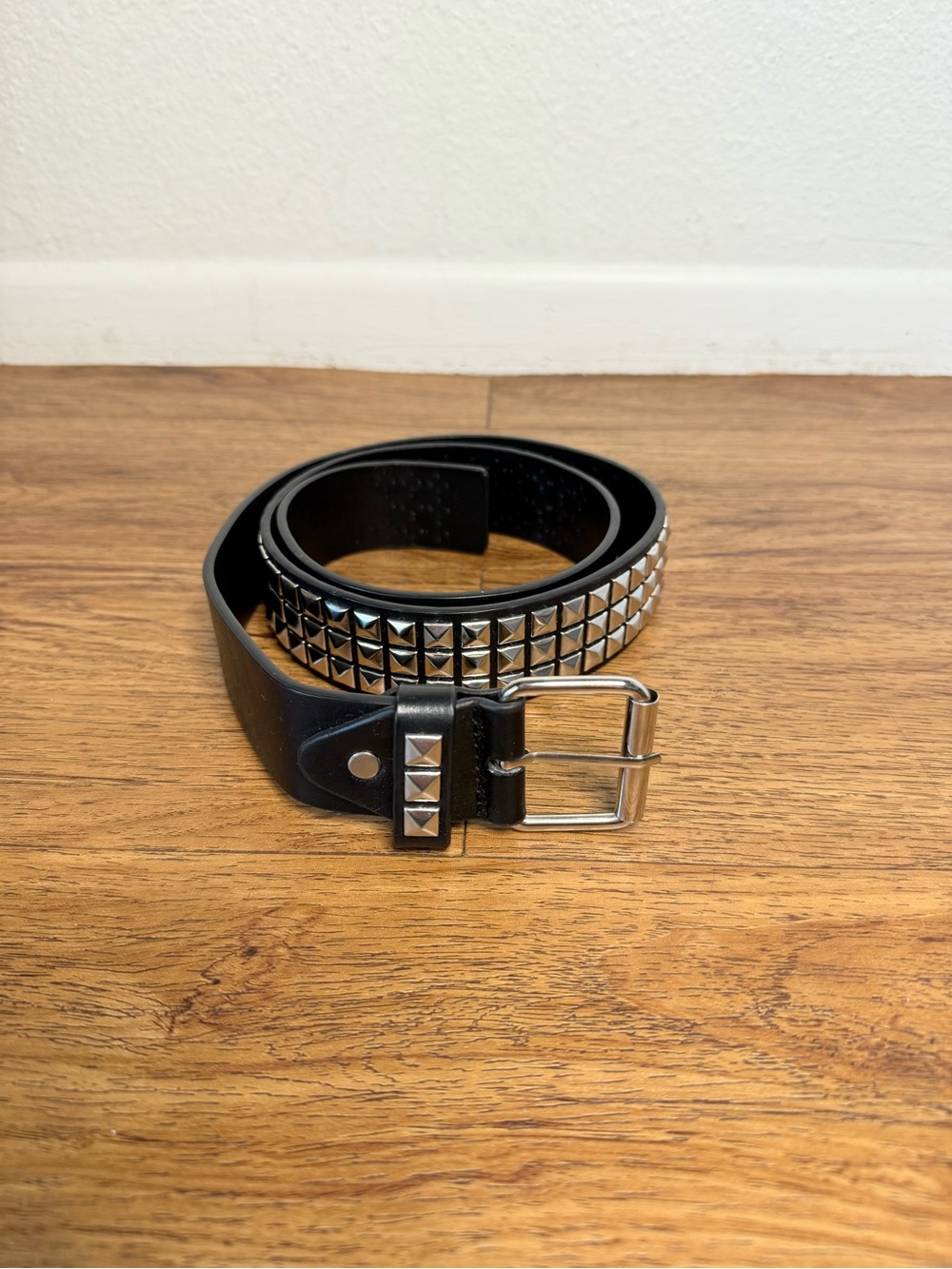 Black Studded Faux Leather Belt Silver Pyramid Studs 44" Length